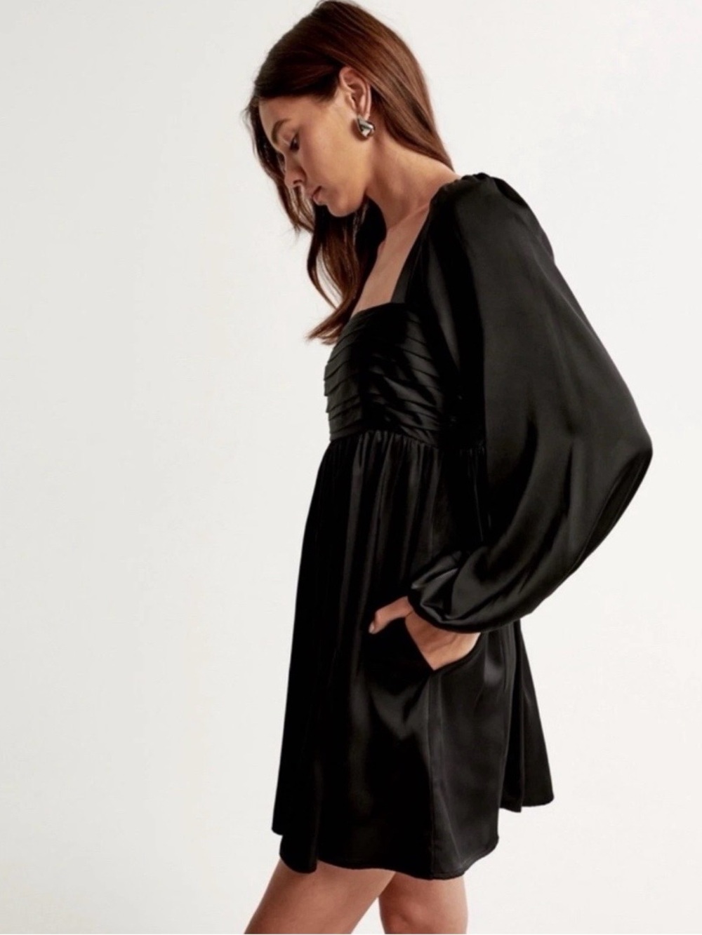 Abercrombie & Fitch Emerson Black Satin Square-Neck Long Sleeve Mini Dress Small - Picture 3 of 9